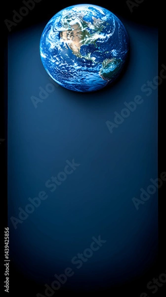 Fototapeta Earth globe view from space on blue background showcasing continents oceans clouds and city lights