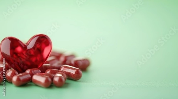 Fototapeta A shiny red heart and red capsules are arranged on a smooth green background, symbolizing heart health and medicine.