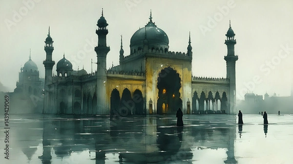 Fototapeta Grand architecture reflects over water with shadowy figures near a building with towers and a dome