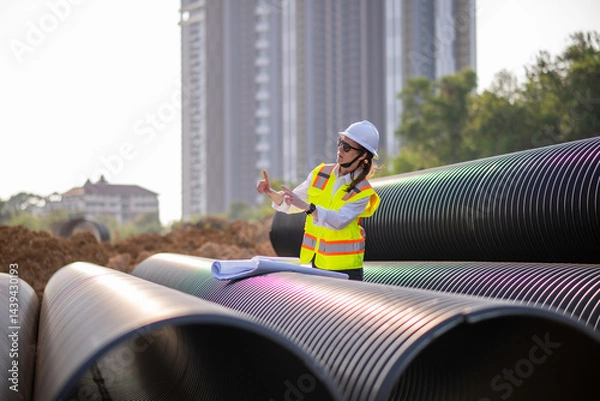 Obraz Engineer worker operations construction plans large black drainage pipe installing underground infrastructure heavy machinery importance of careful planning and teamwork in construction project.