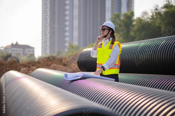 Obraz Engineer worker operations construction plans large black drainage pipe installing underground infrastructure heavy machinery importance of careful planning and teamwork in construction project.