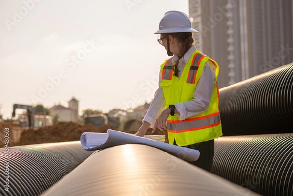 Obraz Engineer worker operations construction plans large black drainage pipe installing underground infrastructure heavy machinery importance of careful planning and teamwork in construction project.