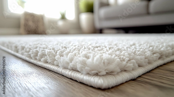 Obraz Close-up view of a plush white rug with textured fibers and a neatly bound edge resting on a wooden floor