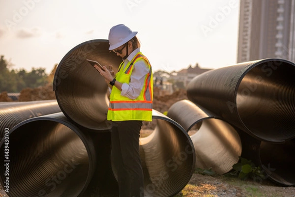 Fototapeta Engineer worker operations construction plans large black drainage pipe installing underground infrastructure heavy machinery importance of careful planning and teamwork in construction project.