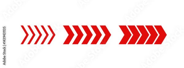 Fototapeta Red chevron arrow patterns set. Chevron shape line. Motion direction road line. Triangle arrow sign. Warning repeat striped. Swipe icon element. Vector illustration isolated on white background.