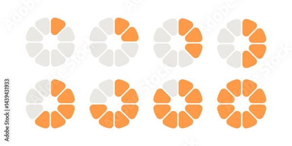Fototapeta Circle division infographic loading set. Pie chart divided 8 equal parts. Pizza or orange round load diagram. Infographic eight segment and fraction. Vector illustration isolated on white background.