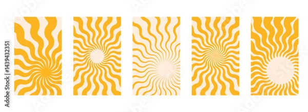Fototapeta Yellow sun rays backgrounds set. Wavy rays in groovy style. Abstract sun burst poster. Psychedelic texture. 70s, 80s design. Radial wave lines. Vector illustration isolated on white background.