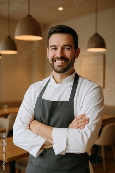 Fototapeta A confident and smiling chef wearing a modern apron stands with arms crossed in a chic, minimalist restaurant.