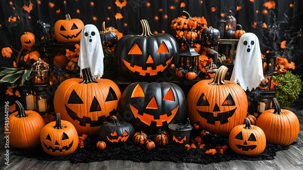 Fototapeta Spooky season decor pumpkins and ghosts line the floor Dark and mysterious background with bats in the back