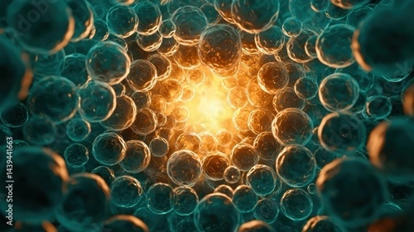 Fototapeta Abstract visualization of glowing cells or molecules clustered around a bright central light.