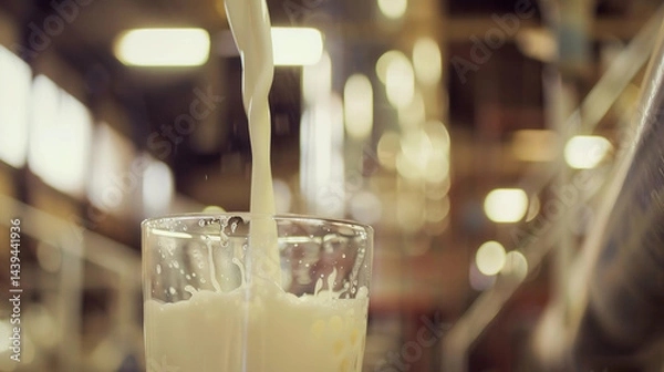 Fototapeta This image showcases a glass being filled with fresh, white milk in what appears to be a dairy production facility. The background is slightly blurred, emphasizing the stream of milk flowing smoothly 
