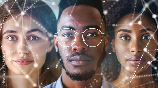 Obraz This image features a group of people wearing glasses, with their faces partially overlaid by a digital, futuristic interface. The background is filled with abstract, technological graphics, suggestin