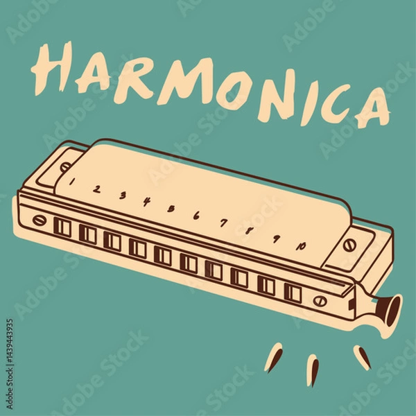 Fototapeta Vintage illustration of a mouth organ (harmonica) in retro style. Detailed drawing perfect for music, nostalgia, and instrument-themed designs
