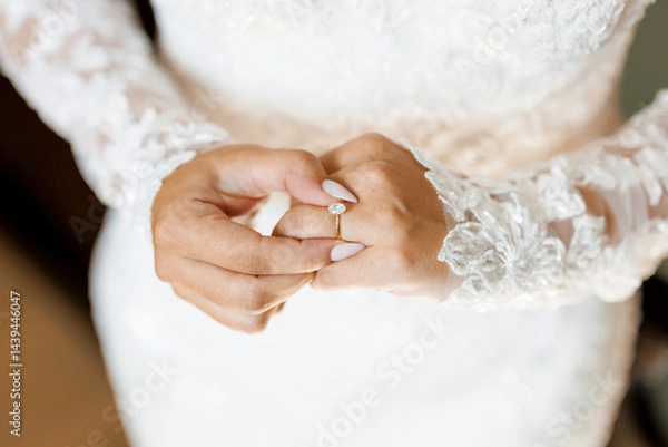 Obraz Hands of the bride in a wedding dress with a gold engagement ring with a diamond close-up. Elegant wedding ring with a gemstone on a woman's finger. Marriage and wedding day