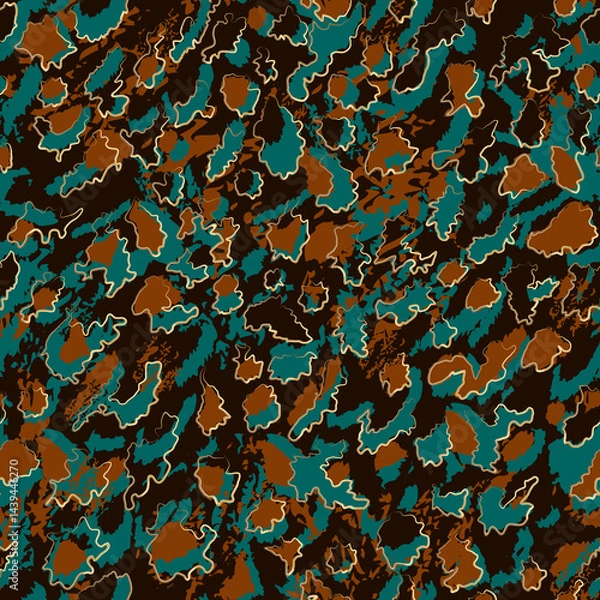 Fototapeta Leopard style spotted seamless pattern. Abstract dark blue, turquoise and brown brushstroke and gold curves. Background for design, textile, wallpaper, wrapping, cover, carton, print, banner.