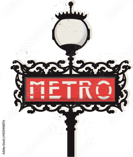 Fototapeta Vintage illustration of a classic Paris Métro sign with ornate details and an old-fashioned street lamp. A nostalgic, elegant symbol of Parisian charm, perfect for travel and architecture projects