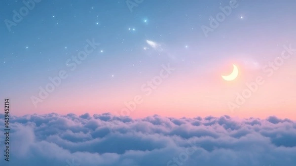 Fototapeta A soft pastel flower template with minimal cartoon animals around the border, sparkling stars in the background, dreamy atmosphere