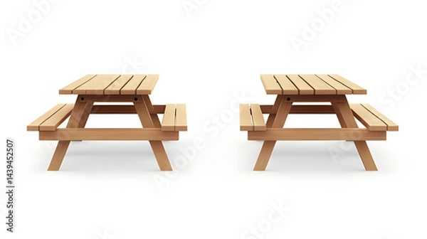 Fototapeta Wooden Picnic Table with Long Benches – 3D Realistic Vector of Camping, Garden, or Park Furniture with Front and Side View Isolated on White