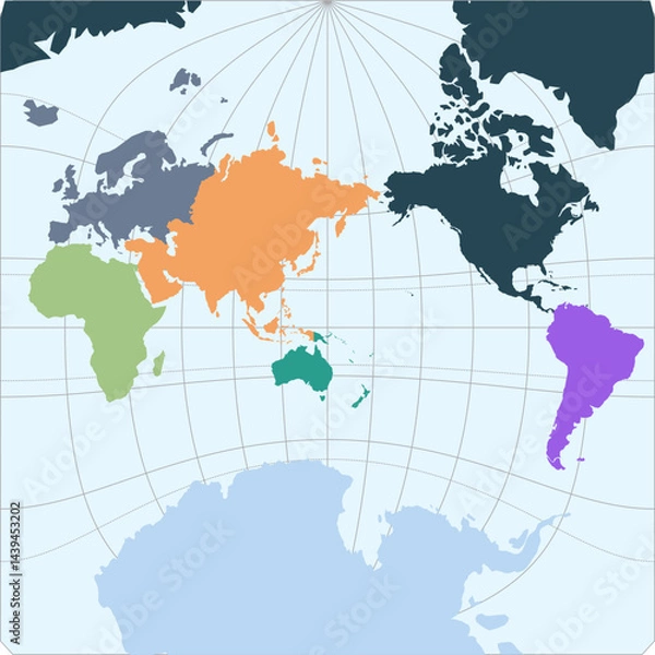 Fototapeta World vector map with continent boundaries and graticules in Asia-Pacific view (Adams square I projection, PPT-compatible, pre-colored & fully editable)