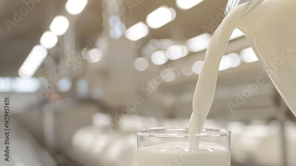 Fototapeta This image showcases a glass being filled with fresh, white milk in what appears to be a dairy production facility. The background is slightly blurred, emphasizing the stream of milk flowing smoothly 