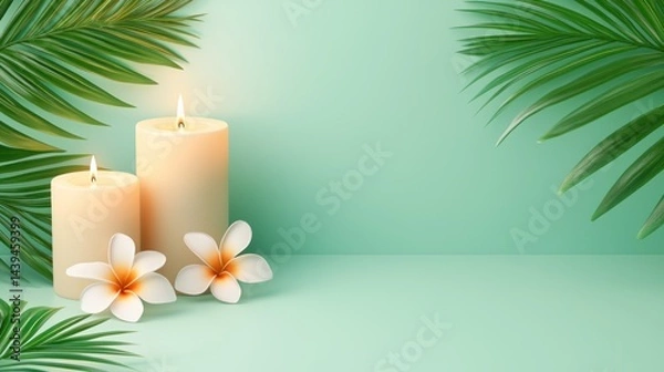 Fototapeta Tranquil Spa Scene With Candles And Plumeria Flowers