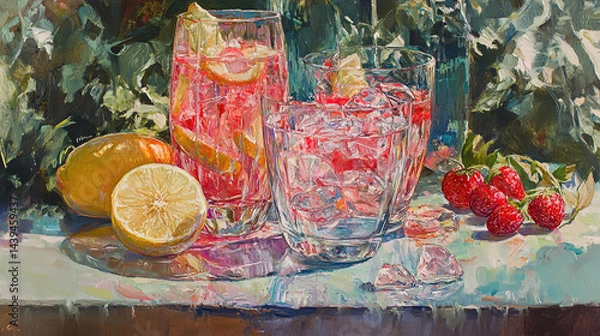 Fototapeta This refreshing image showcases a vibrant assortment of sliced fruits, including grapefruit, lime, lemon, and berries, all set against a backdrop of shimmering ice cubes. The colorful array of fruits 