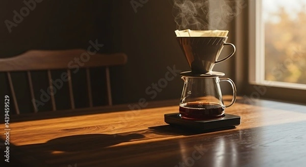 Obraz Warm Morning Coffee Brewing: Pour Over Method on Wooden Table
