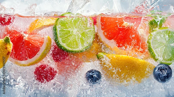Fototapeta This refreshing image showcases a vibrant assortment of sliced fruits, including grapefruit, lime, lemon, and berries, all set against a backdrop of shimmering ice cubes. The colorful array of fruits 