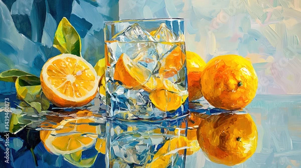 Fototapeta This refreshing image showcases a vibrant assortment of sliced fruits, including grapefruit, lime, lemon, and berries, all set against a backdrop of shimmering ice cubes. The colorful array of fruits 