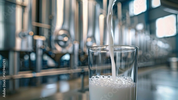 Fototapeta This image showcases a glass being filled with fresh, white milk in what appears to be a dairy production facility. The background is slightly blurred, emphasizing the stream of milk flowing smoothly 