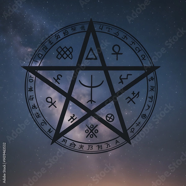 Fototapeta Mystical pentagram with ancient occult symbols over starry night sky, esoteric spiritual design representing magic, astrology, alchemy, rituals, and metaphysical mysticism