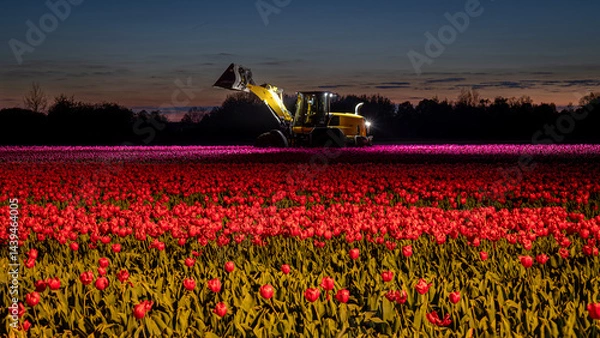 Obraz Dutch tulips on the farmland on fields lit by lamplight at night. A special tourist attraction organized by the tulip farmers. Province of Drenthe, the Netherlands