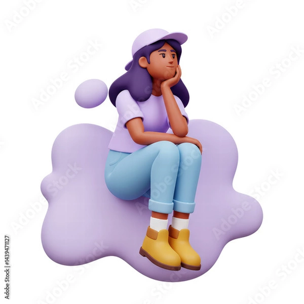 Fototapeta Portrait of pensive cute casual kawaii smiling funny girl, thinking expression over decision. 3d render isolated backdrop.
