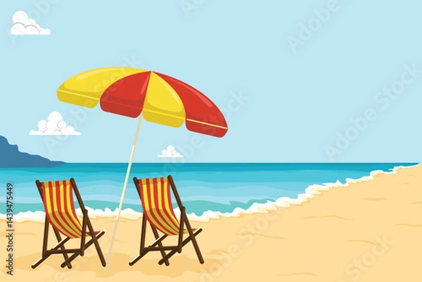 Fototapeta Beach landscape during the day. Sandy beach with tropical palm trees. Cartoon vector illustration on a sunny day, at sunrise. Outdoor landscape, travel scene during the day, tropical vacation.