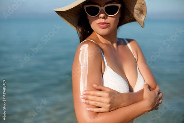 Fototapeta A beautiful young woman applying sun cream to her shoulder. Girl wears stylish sunglasses and enjoys the sun on a warm summer day