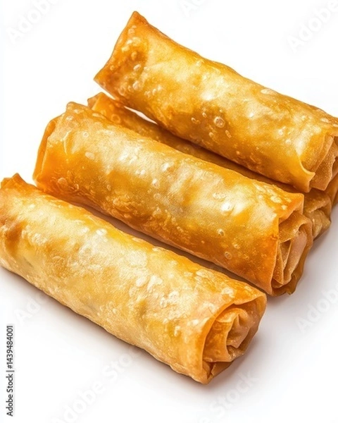 Fototapeta Crispy Golden Spring Rolls Displayed on a Clean White Background Perfect for Gourmet Food Blogs, Restaurants, and Culinary Menus