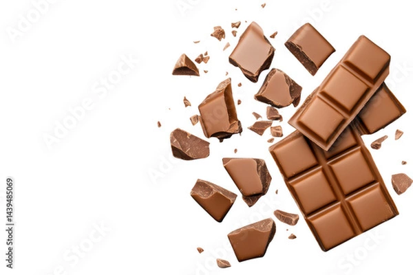 Fototapeta Milk chocolate bar breaking and crumbling on transparent background
