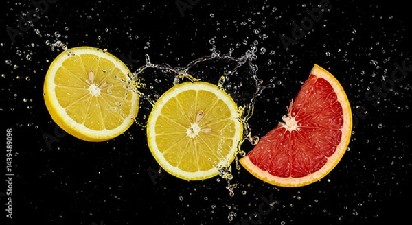 Fototapeta Lemon and Grapefruit with Water Splashes on Black Background