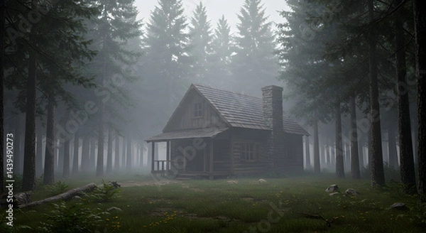 Fototapeta Rustic Cabin Retreat Nestled Among Towering Trees In A Foggy Woodland