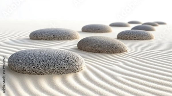 Fototapeta Large, smooth stones scattered randomly across a clean, flat sand surface on a white background
