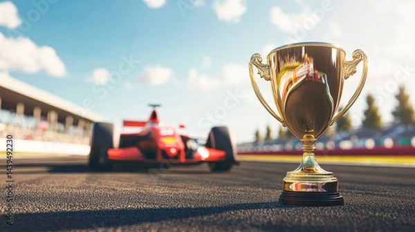 Obraz Golden cup trophy standing on the track at Formula 1 red racing car. F1 constructors championship, world champion, Grand prix winner. F1 red car with golden prize for the first place