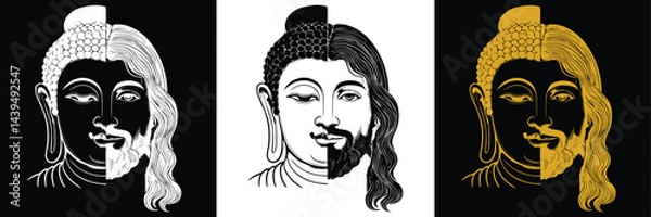Fototapeta The split face of Buddha (Buddhism) and Jesus (Christ) represents the theme of transformation, duality and the spiritual path. Three designs (gold, white, black) in contrasting shades.
