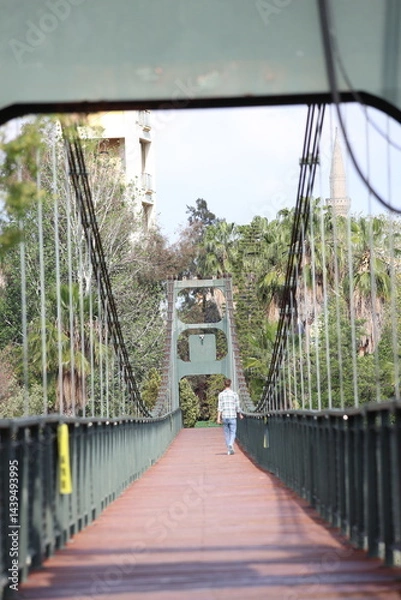 Obraz Rear view of a man walking on a suspension bridge