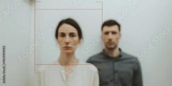 Obraz Illustration of Face recognition system with bounding boxes. Artificial intelligence algorythm for face analysis.
Creative illustration for face identification