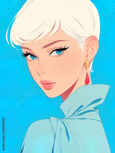 Fototapeta stylish woman with short, wavy platinum blonde hair. She has striking blue eyes and wears large, circular earrings that add a touch of elegance to her look. 