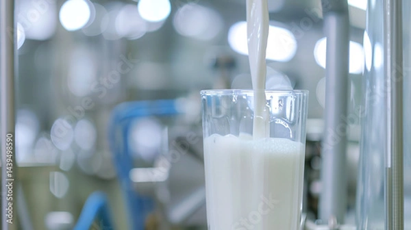 Fototapeta This image showcases a glass being filled with fresh, white milk in what appears to be a dairy production facility. The background is slightly blurred, emphasizing the stream of milk flowing smoothly 