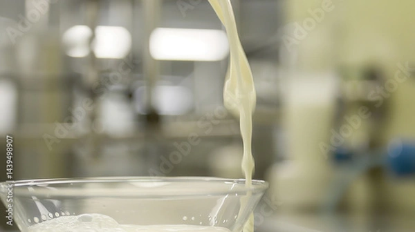 Fototapeta This image showcases a glass being filled with fresh, white milk in what appears to be a dairy production facility. The background is slightly blurred, emphasizing the stream of milk flowing smoothly 