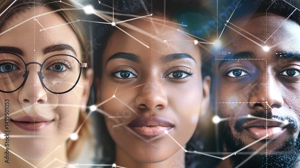 Fototapeta This image features a group of people wearing glasses, with their faces partially overlaid by a digital, futuristic interface. The background is filled with abstract, technological graphics, suggestin