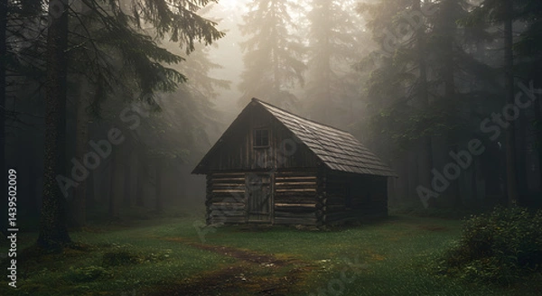 Fototapeta Rustic Retreat Small Log Cabin In A Misty Forest Environment