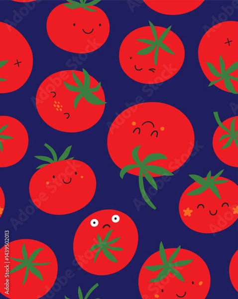Fototapeta Seamless pattern. Red tomatoes with cute cartoon faces isolated on purple, doodle style